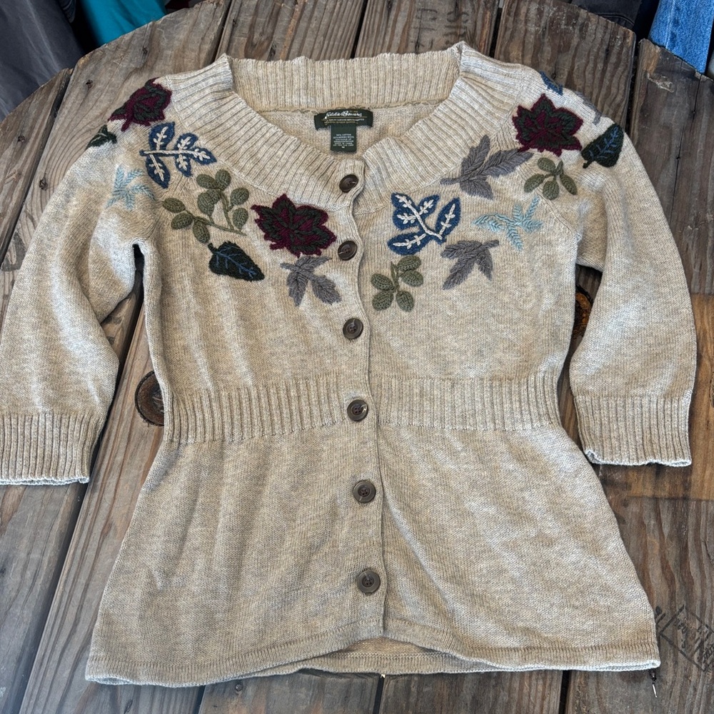 Vintage Y2K Eddie Bauer‎ Cream Fall Floral Embroidered 3/4 Length Sleeves SZ M